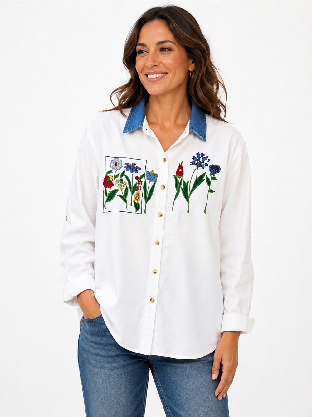 100% cotton White Embroidered Floral Button-Down Shirt with Denim Collar 20W